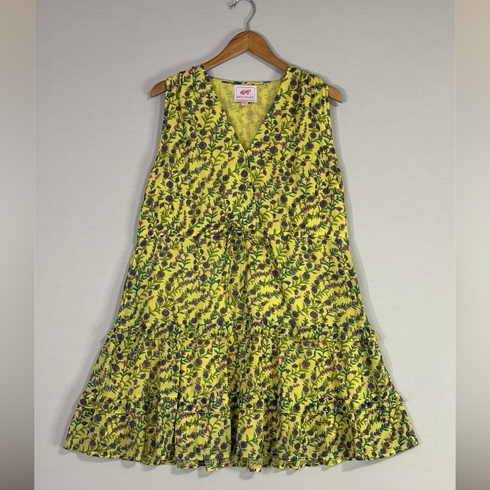 Banjanan Yellow Floral Cotton Boho Mini Dress Tiered Size L